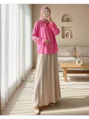 Modamorfo Yakası Bağlamalı Kolu Nakışlı Lastikli Gömlek -Pembe