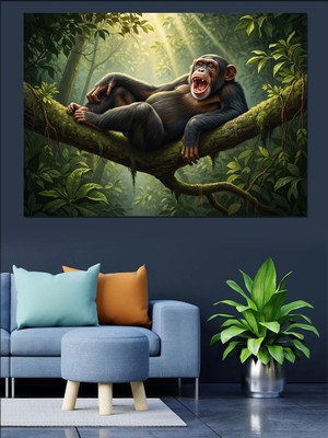 Artmeg Ağaç Dalında Rahat Şempanze Dekoratif Kanvas - Mdf Ahşap Tablo