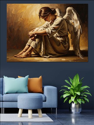 Tablomega Kanatlarını Kapatmış Hüzünlü Kadın Melek Dekoratif Kanvas - Mdf Ahşap Tablo