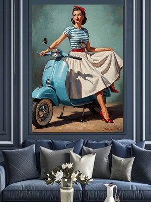 Artmeg Retro Scooter ve Şık Kadın Dekoratif Kanvas - Mdf Ahşap Tablo