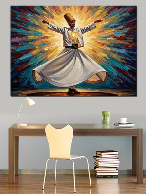 Artmeg Renkli Işıklar Altında Semazen Figürü Dekoratif Kanvas - Mdf Ahşap Tablo