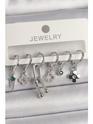 Mey Ithalat® Pirinç Gümüş Renk Zirkon Taşlı Çoklu Figür Kadın Küpe Seti