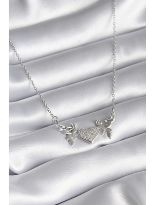 Mey Ithalat® 316L Çelik Gümüş Renk Zirkon Taşlı Kanat Kalp Model Kadın Kolye