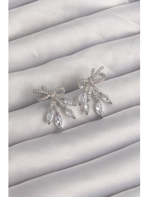 Mey Ithalat® Pirinç Gümüş Renk Zirkon Taşlı Fiyonk Küpe