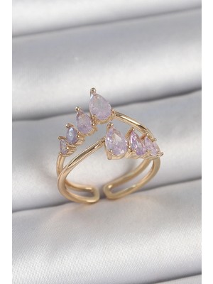 Mey Ithalat® Pirinç Gold Renk Mor Damla Zirkon Taşlı Taç Model Kadın Yüzük