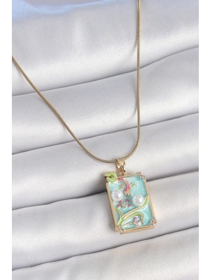 Mey Ithalat® 316L Çelik Gold Renk Zincir Mavi Mineli Incili Çiçek Işlemeli Portre Model Kadın Kolye