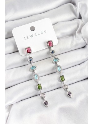 Mey Ithalat® Pirinç Renkli Zirkon Taşlı Sallantılı Model Gümüş Renk Kadın Küpe