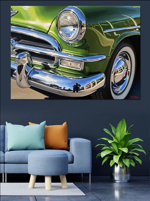 Tablomega Klasik Yeşil Araba Far Detayı Dekoratif Kanvas - Mdf Ahşap Tablo