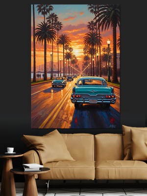 Tablomega Gün Batımında Palmiyeli Yol Araba Dekoratif Kanvas - Mdf Ahşap Tablo