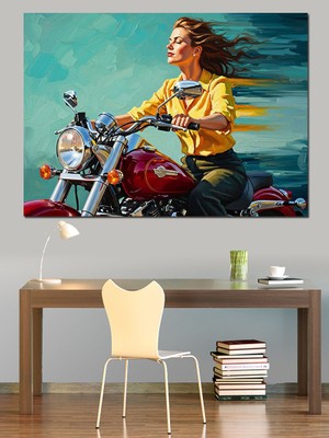 Artmeg Motosiklet Süren Tarz Sahibi Kadın Dekoratif Kanvas - Mdf Ahşap Tablo