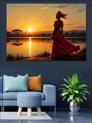 Tablomega Gün Batımında Sahilde Zarif Kadın Dekoratif Kanvas - Mdf Ahşap Tablo