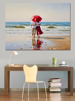 Tablomega Sahilde Kırmızı Şemsiyeli Romantik Çift Dekoratif Kanvas - Mdf Ahşap Tablo