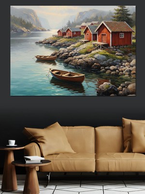Tablomega Göl Kenarı Renkli Köy Evleri Dekoratif Kanvas - Mdf Ahşap Tablo
