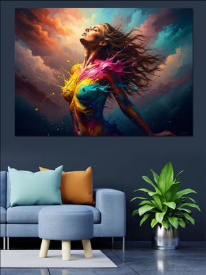 Tablomega Renk Patlamalı Sanatsal Kadın Portresi Dekoratif Kanvas - Mdf Ahşap Tablo