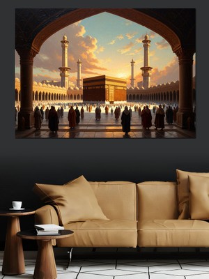 Tablomega Kabe Önünde Ibadet Eden Müslümanlar Dekoratif Kanvas - Mdf Ahşap Tablo