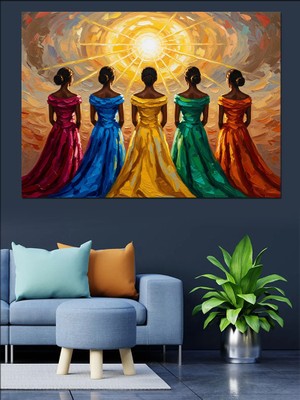 Tablomega Renkli Elbiseli Beş Modern Kadın Dekoratif Kanvas - Mdf Ahşap Tablo