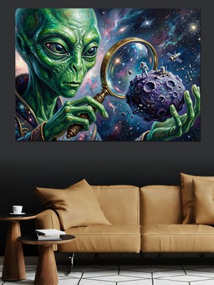 Tablomega Büyüteçle Uzay Taşını Inceleyen Uzaylı Dekoratif Kanvas - Mdf Ahşap Tablo