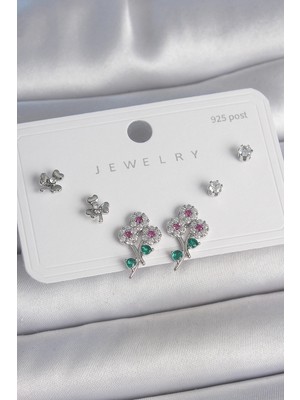 Mey Ithalat® Pirinç Gümüş Renk Renkli Zirkon Taşlı Çiçek Model Yaprak Detay 925 Ayar Gümüş Çivi Kadın Küpe Seti