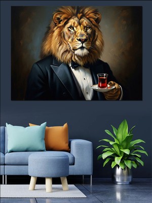 Tablomega Şık Giyimli Çay Içen Aslan Dekoratif Kanvas - Mdf Ahşap Tablo