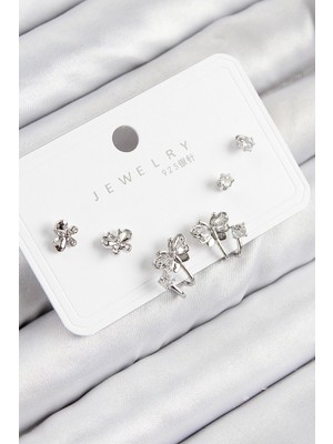 Mey Ithalat® Pirinç Zirkon Taşlı Kelebek Model Gümüş Renk 925 Ayar Gümüş Çivi Kadın Küpe Set