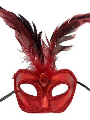 Mey Ithalat® Kırmızı Renk Rugan Kaplama Kırmızı Tüylü Parti Maskesi 18X20 cm