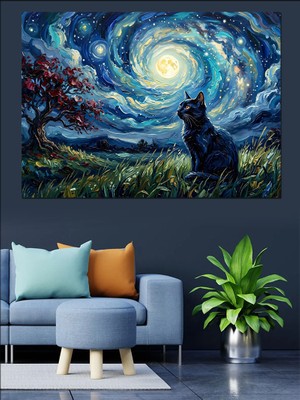 Tablomega Van Gogh Tarzı Yıldızlı Gece Kedi Dekoratif Kanvas - Mdf Ahşap Tablo