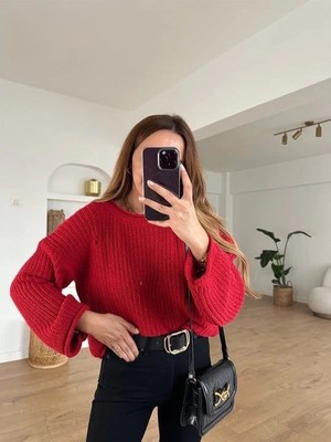 Colezium Salaş Delik Detaylı Kazak Kırmızı