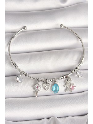 Mey Ithalat® Pirinç Gümüş Renk Sallantı Zirkon Taşlı Ayıcık Figür Çiçek Detay Charm Kadın Bileklik