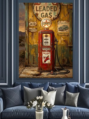 Artmeg Nostaljik Benzin Istasyonu ve Pompası Dekoratif Kanvas - Mdf Ahşap Tablo