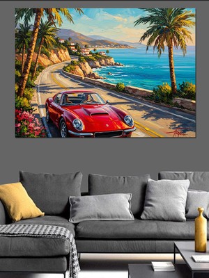 Artmeg Sahil Yolunda Ilerleyen Kırmızı Araba Dekoratif Kanvas - Mdf Ahşap Tablo
