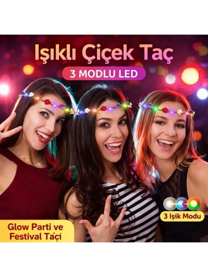 Mey Ithalat® Renkli LED Çiçek Taç – 3 Işık Modlu Parti Tacı