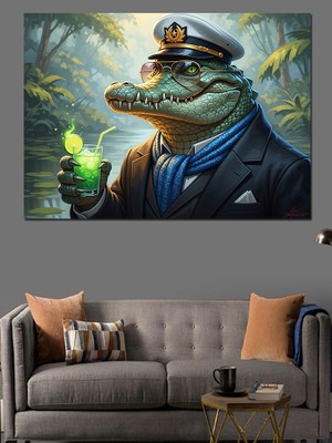 Tablomega Kokteyl Içen Karizmatik Timsah Portresi Dekoratif Kanvas - Mdf Ahşap Tablo