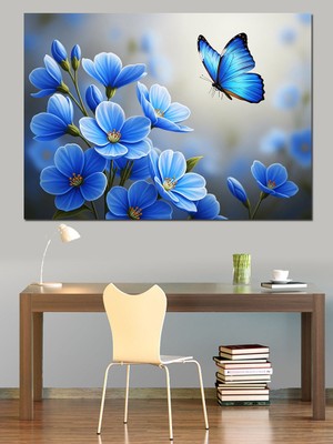 Tablomega Mavi Çiçekler ve Uçan Kelebek Dekoratif Kanvas - Mdf Ahşap Tablo