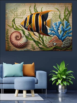 Artmeg Mercan Resifinde Renkli Tropikal Balık Dekoratif Kanvas - Mdf Ahşap Tablo