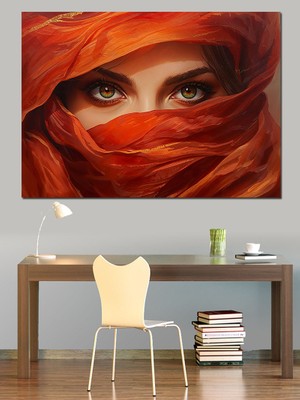 Tablomega Kırmızı Örtülü Peçeli Kadın Portresi Dekoratif Kanvas - Mdf Ahşap Tablo
