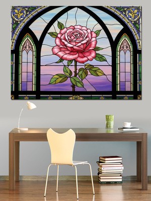 Tablomega Vitray Pencere Içinde Pembe Gül Dekoratif Kanvas - Mdf Ahşap Tablo