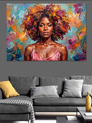 Tablomega Renk Sıçramalı Afrikalı Kadın Büstü Dekoratif Kanvas - Mdf Ahşap Tablo