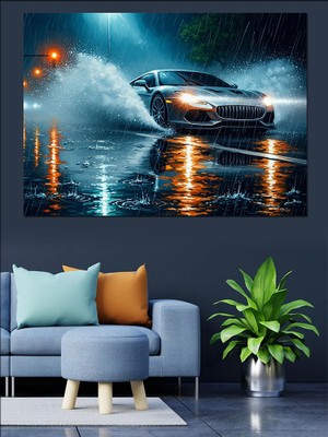 Tablomega Yağmurlu Gecede Şehir ve Araba Dekoratif Kanvas - Mdf Ahşap Tablo