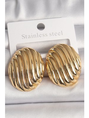 Mey Ithalat® Pirinç Gold Renk Işlemeli Oval Model Kadın Küpe