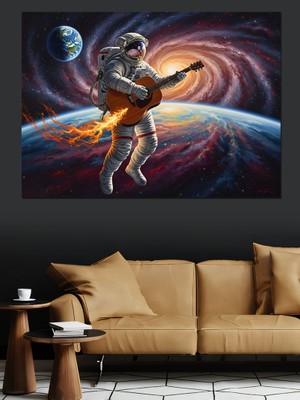 Artmeg Uzayda Gitar Çalan Astronot Figürü Dekoratif Kanvas - Mdf Ahşap Tablo