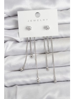 Mey Ithalat® Topçuk Model Gümüş Renk Pirinç Sallantılı Kadın Küpe Seti