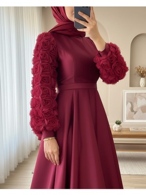 Modamorfo Eteği ve Kolları Gül Detaylı Saten Abiye  -Bordo
