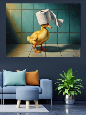 Tablomega Tuvalette Gözlüklü ve Şapkalı Ördek Dekoratif Kanvas - Mdf Ahşap Tablo