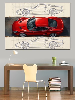 Tablomega Teknik Çizimli Modern Kırmızı Spor Araba Dekoratif Kanvas - Mdf Ahşap Tablo