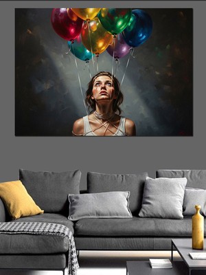 Tablomega Balonlarla Gökyüzünü Izleyen Genç Kadın Dekoratif Kanvas - Mdf Ahşap Tablo