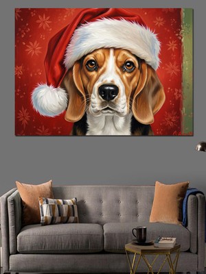 Tablomega Noel Şapkalı Sevimli Beagle Köpeği Dekoratif Kanvas - Mdf Ahşap Tablo