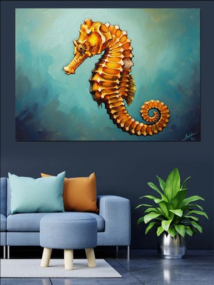 Tablomega Turkuaz Zemin Üzerinde Altın Denizatı Dekoratif Kanvas - Mdf Ahşap Tablo