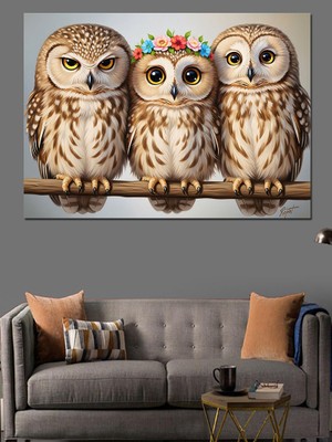 Tablomega Dal Üzerinde Duran Üç Baykuş Dekoratif Kanvas - Mdf Ahşap Tablo