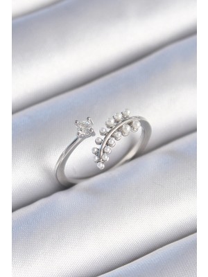 Mey Ithalat® Pirinç Gümüş Renk Zirkon Taşlı Incili Yaprak Model Kadın Yüzük