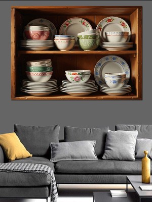 Artmeg Mutfakta Porselen Tabaklar ve Çay Dekoratif Kanvas - Mdf Ahşap Tablo